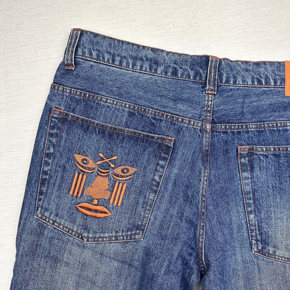 Moshood Denim Wide Leg Embroidered Jeans Raw Edge Cuff Men 39x29 Med Wash - Picture 8 of 13